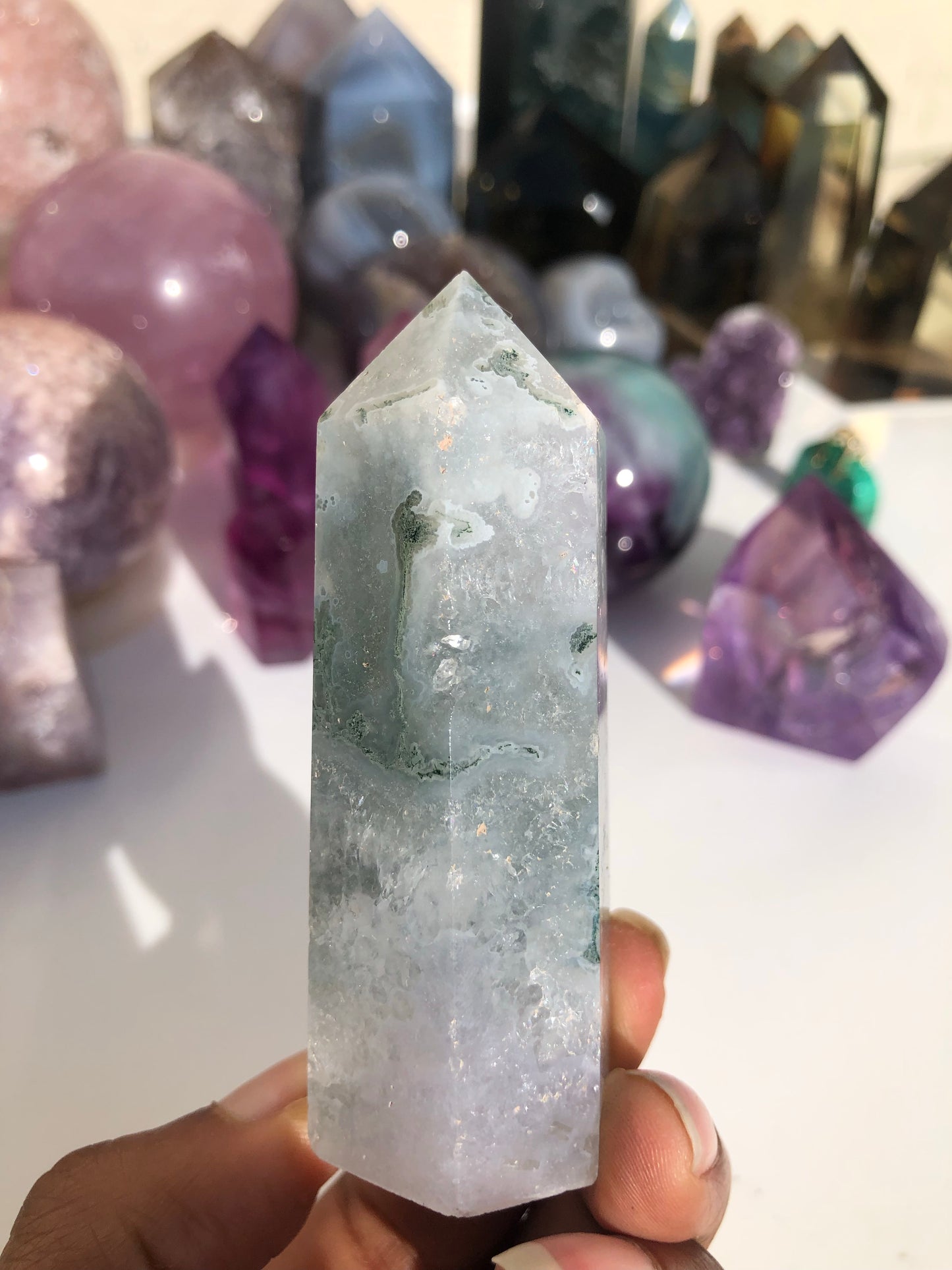 Moss Agate x Amethyst Tower