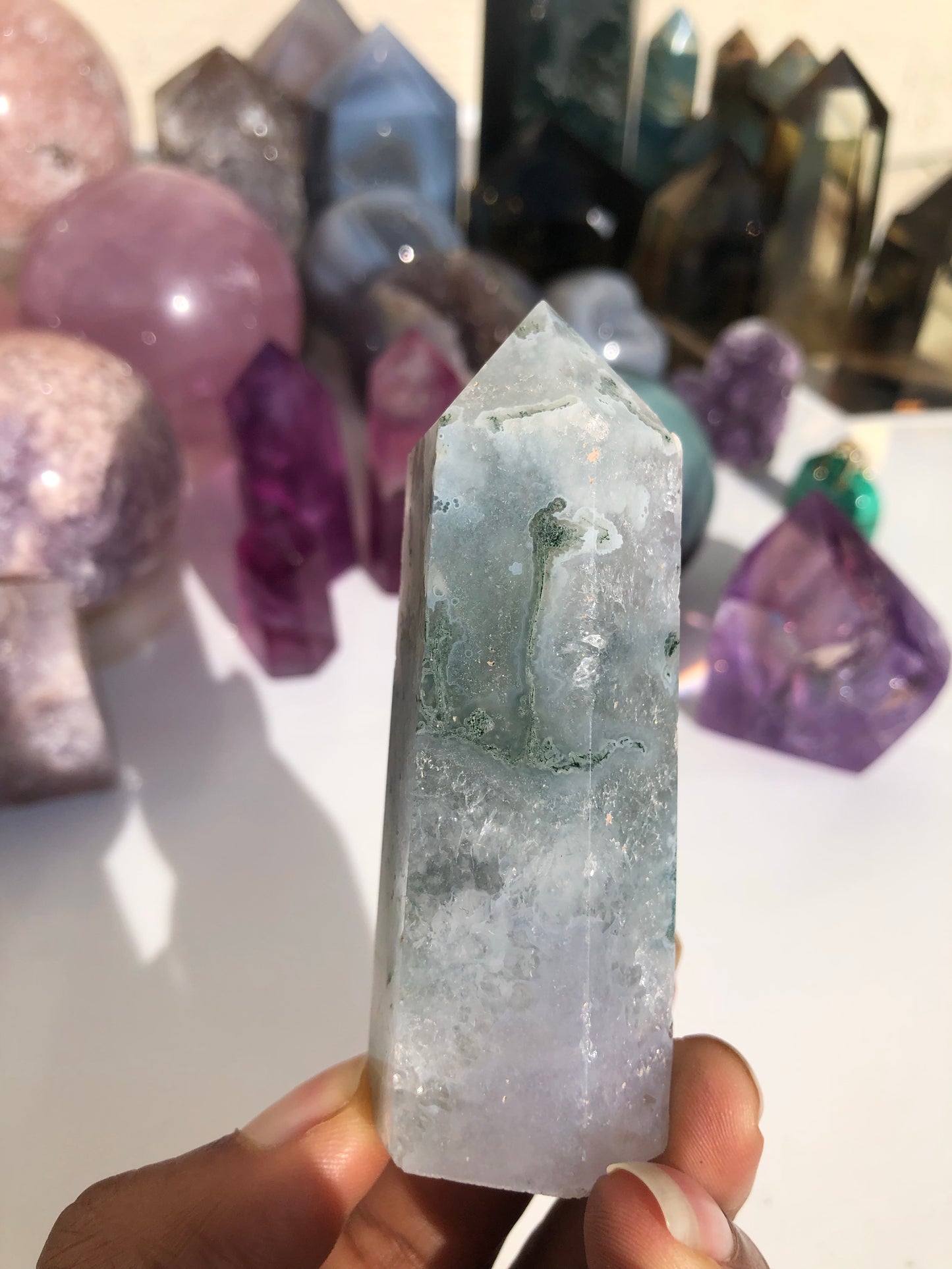 Moss Agate x Amethyst Tower