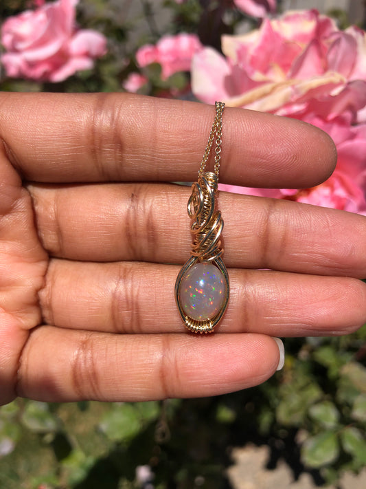 14k Solid Gold Black Opal Necklace